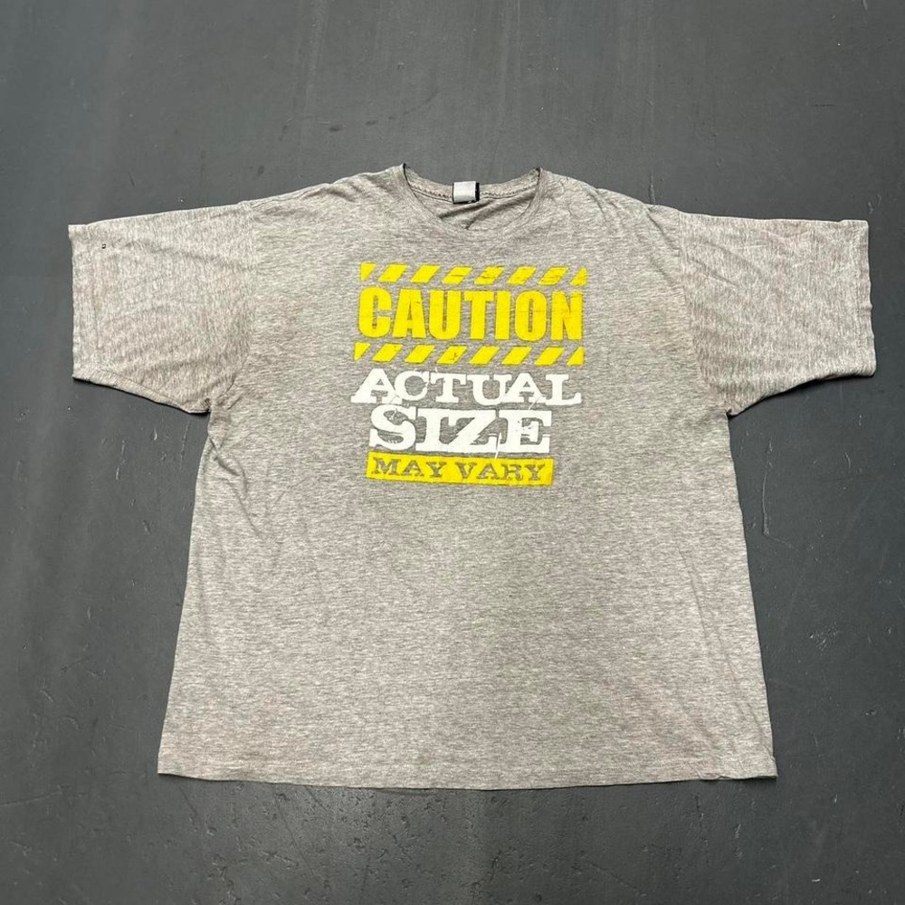Vintage Y2K "caution, actual size may vary" vulgar joke funny humor Tshirt